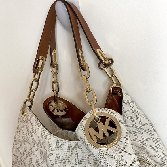 MICHAEL KORS Cream Logo Slouchy Shoulder Tote Bag Brown Leather & Gold Chains - Picture 12 of 12